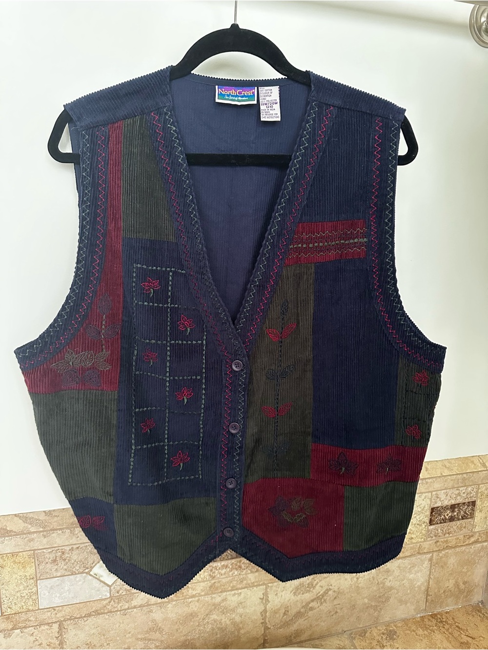 Vintage NorthCrest Patchwork Corduroy Vest Navy Blue, Green & Maroon Cottagecore